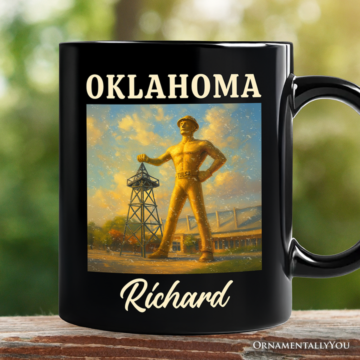 Iconic Oklahoma State Oil Heritage Personalized Mug, Tulsa Golden Driller Landmark Gift and Travel Souvenir with Custom Name