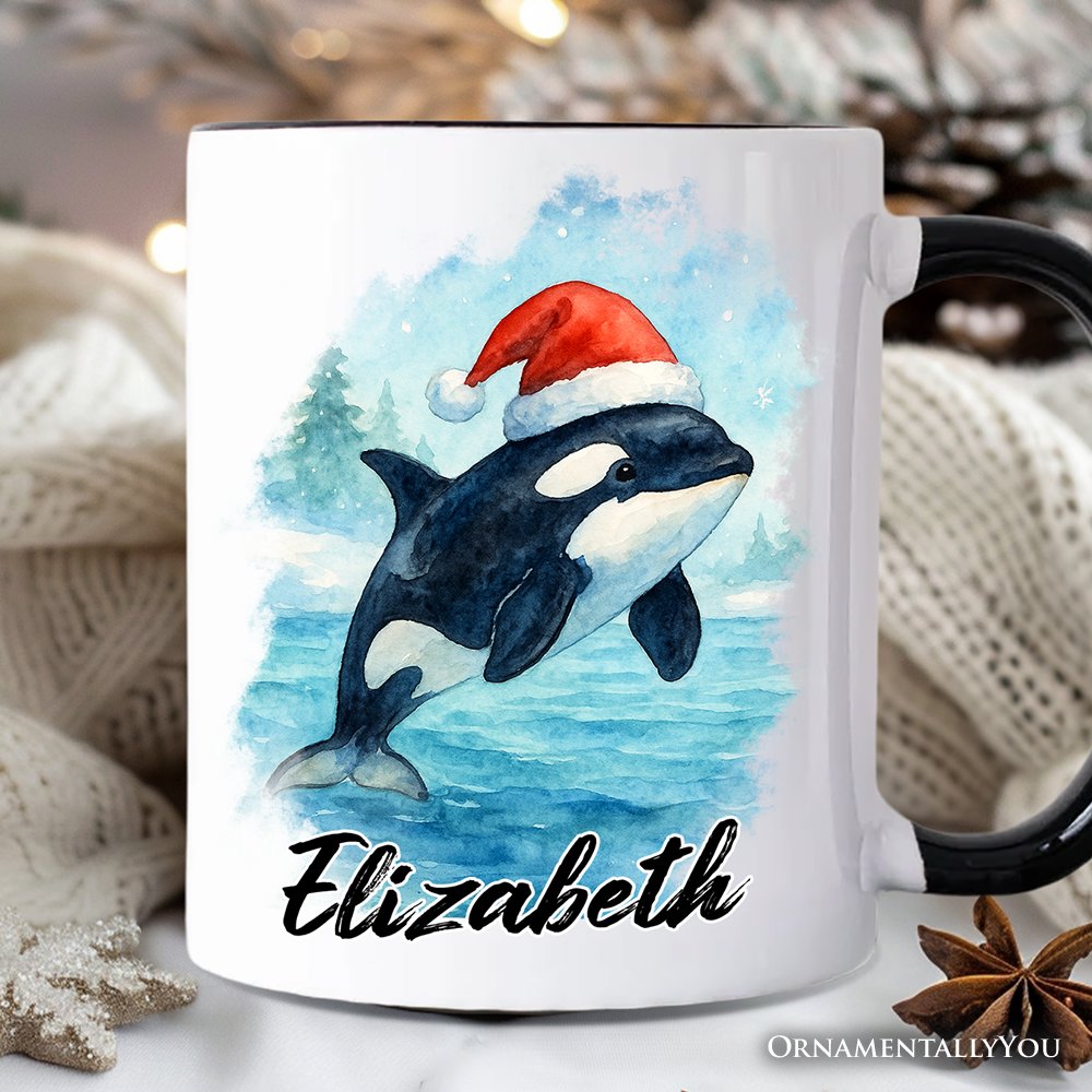 Watercolor Orca in Santa Hat Christmas Personalized Mug, Marine Animal Holiday Gift with Custom Name Personalized Ceramic Mug OrnamentallyYou White - Black Customized 