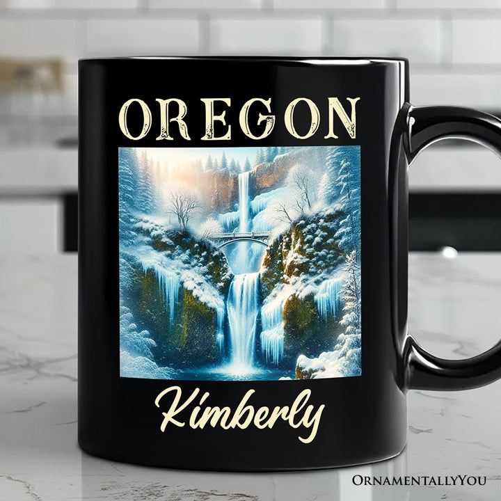 Enchanting Oregon State Multnomah Falls Winter Personalized Mug, Pacific Northwest Waterfall Gift and Souvenir with Custom Name Personalized Ceramic Mug OrnamentallyYou Black Customized 