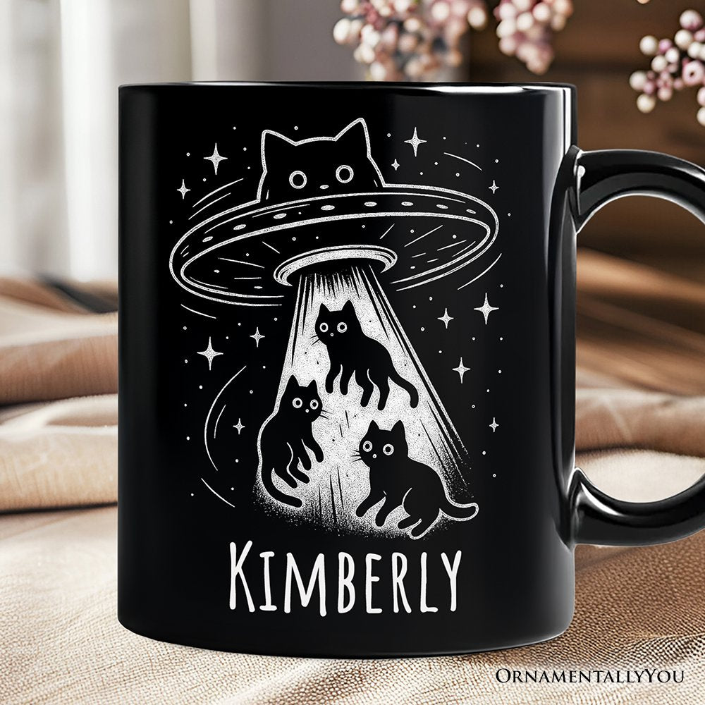 Alien Cat Abduction Personalized Mug, Funny UFO Space Cats Cosmic Gift with Custom Name Personalized Ceramic Mug OrnamentallyYou Black Customized 
