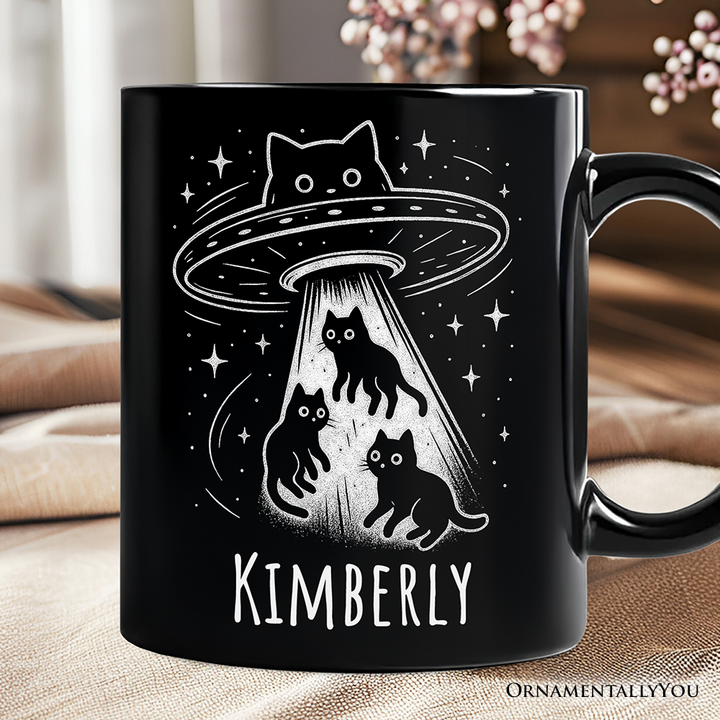 Alien Cat Abduction Personalized Mug, Funny UFO Space Cats Cosmic Gift with Custom Name