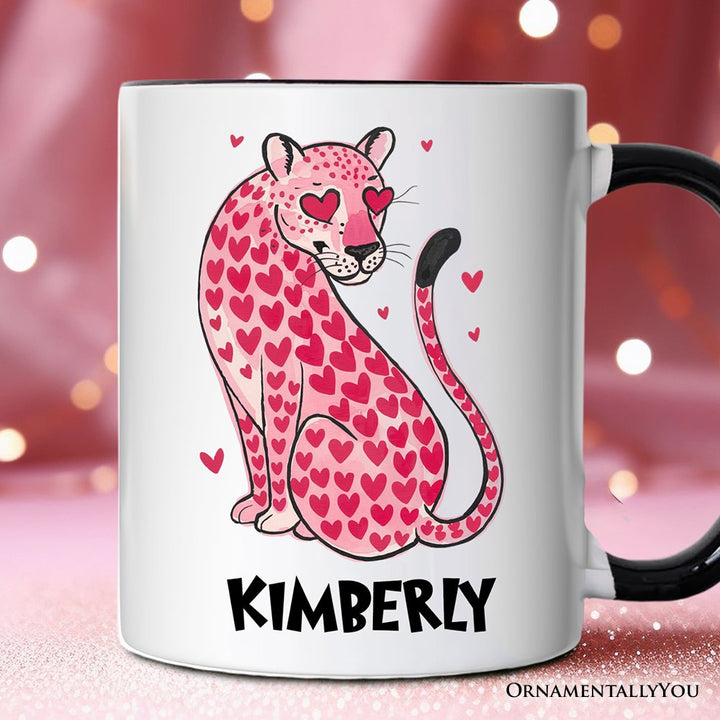 Pink Leopard Valentine Personalized Mug, Cute Love Hearts Gift with Custom Name Personalized Ceramic Mug OrnamentallyYou Black Handle Customized 