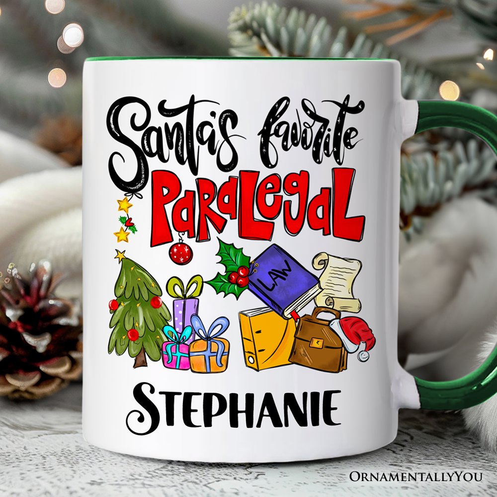Santa's Favorite Paralegal Personalized Mug, Legal Support Appreciation Christmas Gift with Custom Name Personalized Ceramic Mug OrnamentallyYou Green Handle Customized 