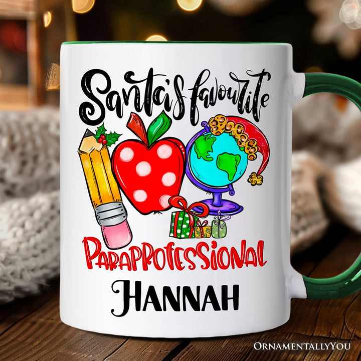 Santa's Favorite Paraprofessional Personalized Mug, Educational Assistant Christmas Gift with Custom Name Personalized Ceramic Mug OrnamentallyYou Green Handle Customized 
