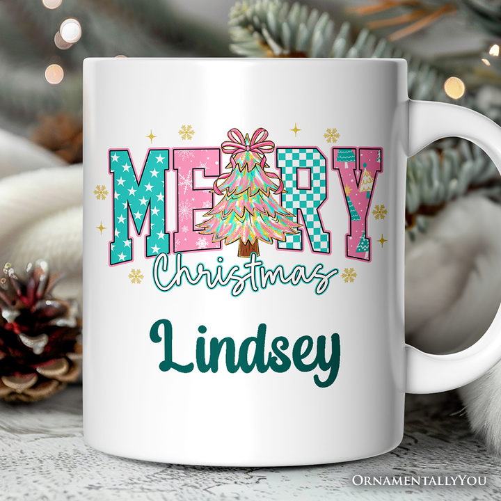 Merry Christmas Coquette Tree Personalized Mug, Preppy Retro Holiday Gift with Custom Name