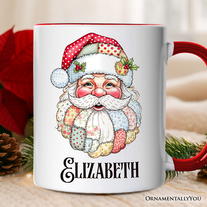 Patchwork Santa Claus Personalized Mug, Retro Christmas Holiday Gift with Custom Name