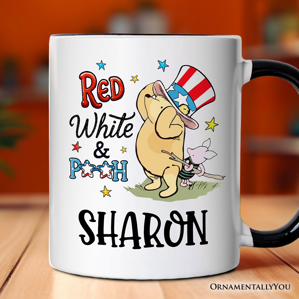Patriotic Red White & Proud Winnie-the-Pooh Personalized Mug, 1926 A.A. Milne 4th of July Gift with Custom Name Personalized Ceramic Mug OrnamentallyYou Black Handle Customized 