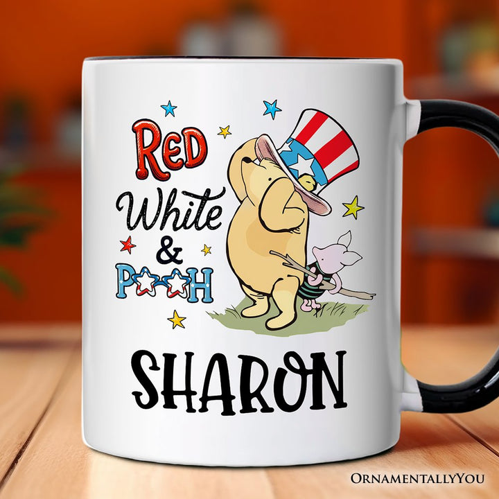 Patriotic Red White & Proud Winnie-the-Pooh Personalized Mug, 1926 A.A. Milne 4th of July Gift with Custom Name Personalized Ceramic Mug OrnamentallyYou Black Handle Customized 