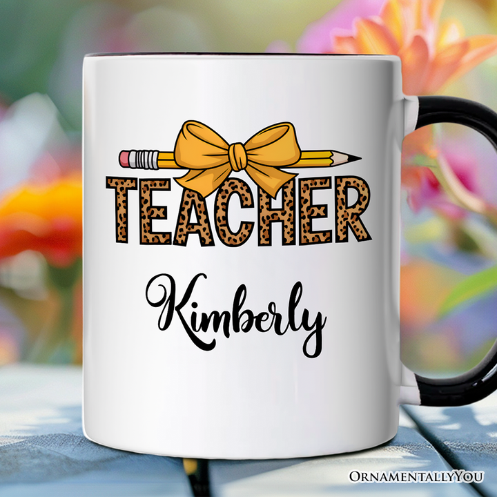 Teacher Leopard Pencil Personalized Mug, Coquette Bow Retro Classroom Gift with Custom Name