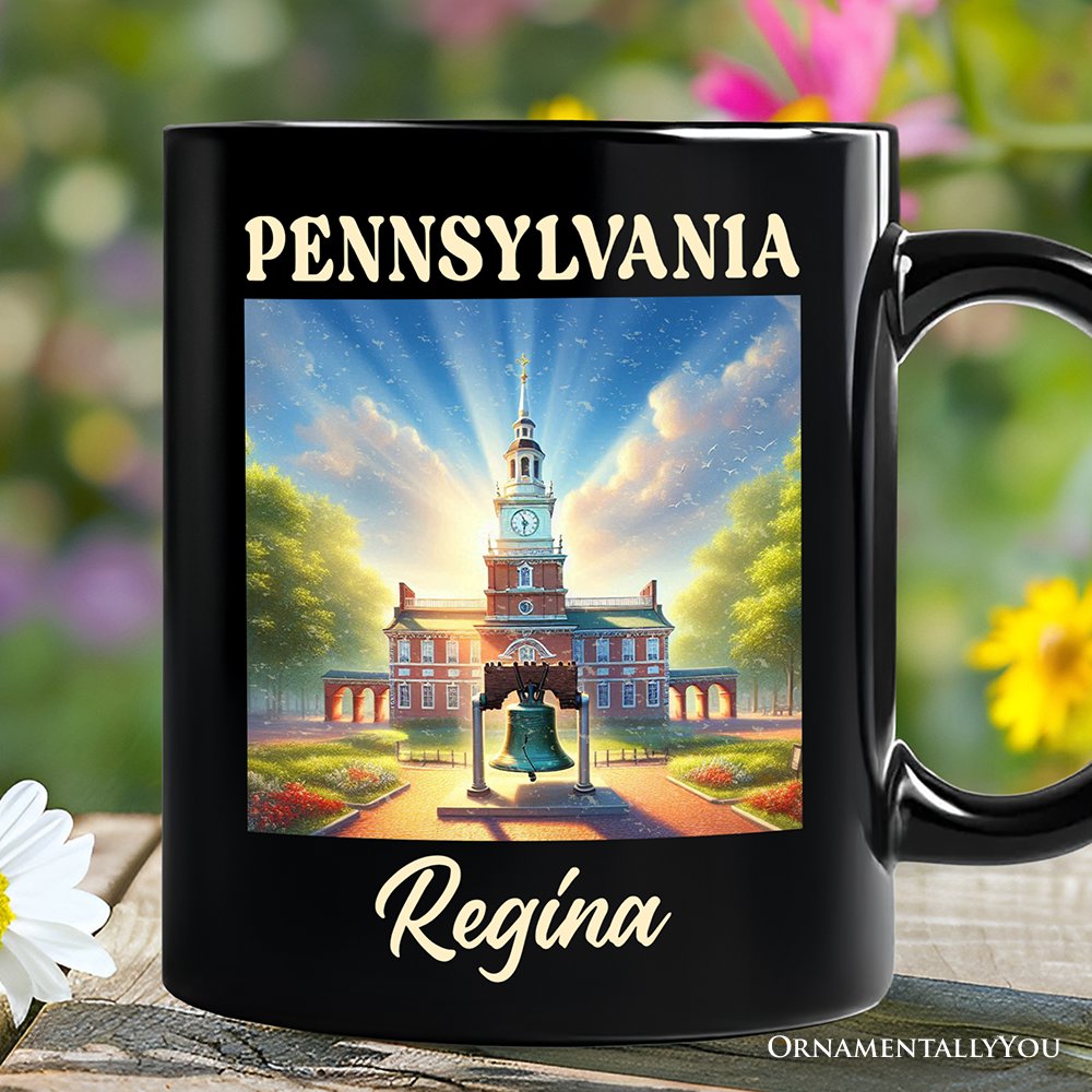 Historic Liberty Bell and Independence Hall Pennsylvania State Personalized Mug, Colonial Landmark Gift and Travel Souvenir with Custom Name Personalized Ceramic Mug OrnamentallyYou Black Customized 