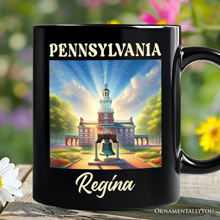 Historic Liberty Bell and Independence Hall Pennsylvania State Personalized Mug, Colonial Landmark Gift and Travel Souvenir with Custom Name Personalized Ceramic Mug OrnamentallyYou Black Customized 