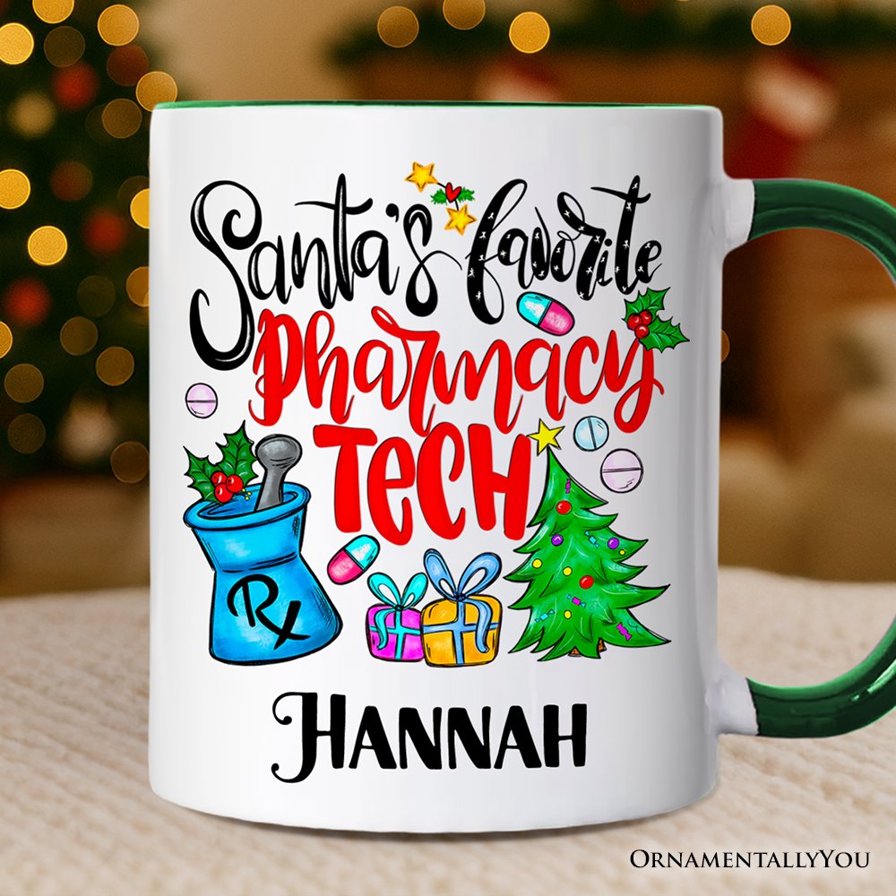 Santa's Favorite Pharmacy Tech Personalized Mug, Pharmacist Technician Gift with Custom Name Personalized Ceramic Mug OrnamentallyYou Green Handle Customized 