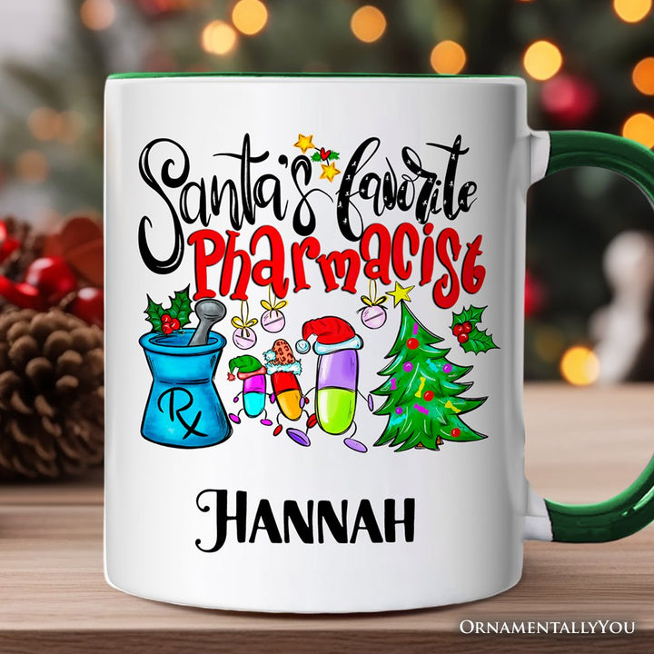 Santa’s Favorite Pharmacist Christmas Personalized Mug, Pharmacy Appreciation Gift with Custom Name Personalized Ceramic Mug OrnamentallyYou White - Green Customized 