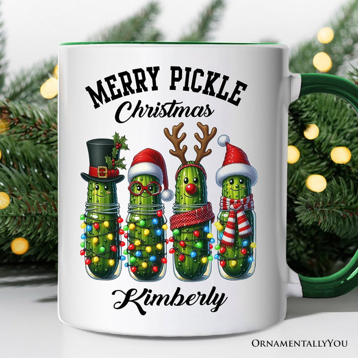 Christmas Pickles Personalized Mug, Festive Holiday Cucumber Holiday Gift with Custom Name Personalized Ceramic Mug OrnamentallyYou White - Green Customized 
