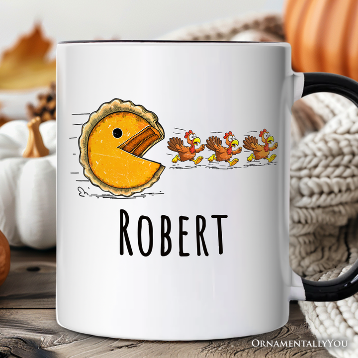 Pumpkin Pie Chasing Turkeys Funny Personalized Mug, Retro Thanksgiving Fall Vibes Gift with Custom Name
