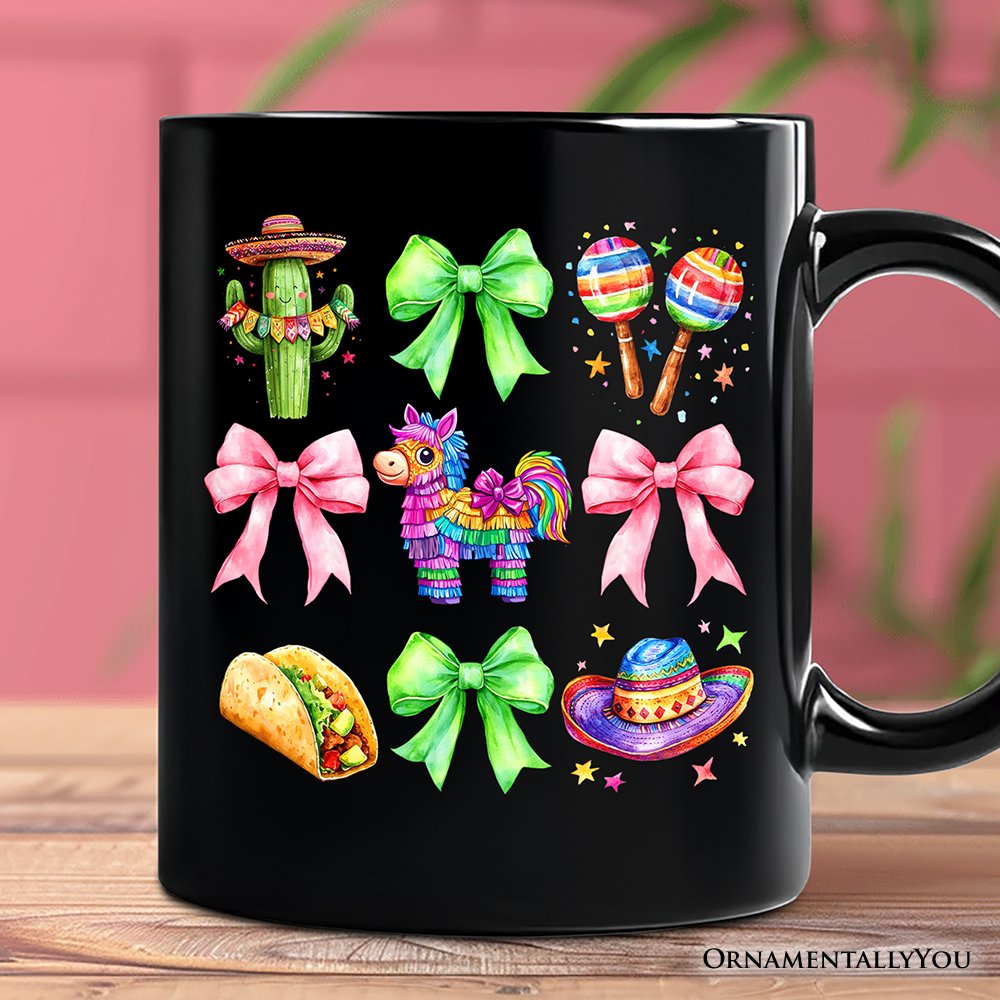 Cinco De Mayo Coquette Bow Mug, Mexican Fiesta Maracas Souvenir Gift Personalized Ceramic Mug OrnamentallyYou Black Non-Custom 