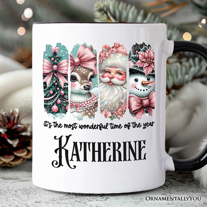 Coquette Pink Christmas Personalized Mug, It's The Most Wonderful Time Of The Year Vintage Gift with Custom Name