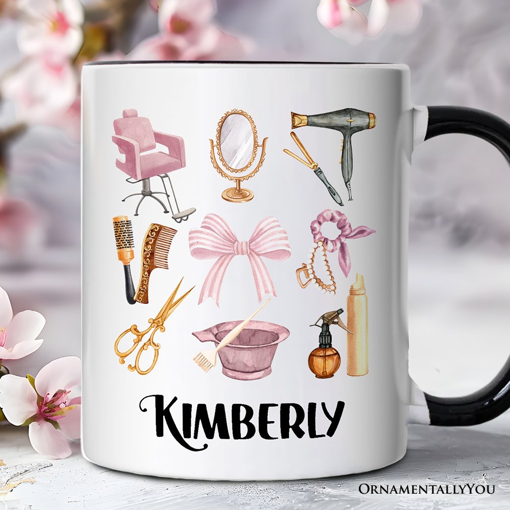 Hairstylist Coquette Aesthetic Personalized Mug, Pink Hair Dresser Gift with Custom Name Personalized Ceramic Mug OrnamentallyYou White - Black Customized 
