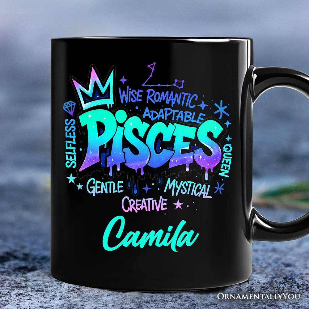 Pisces Graffiti Zodiac Personalized Mug, Street Style Astrology Horoscope Gift with Custom Name Personalized Ceramic Mug OrnamentallyYou Black Customized 