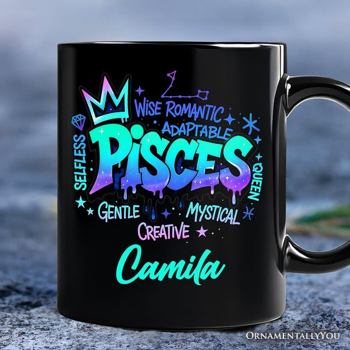 Pisces Graffiti Zodiac Personalized Mug, Street Style Astrology Horoscope Gift with Custom Name Personalized Ceramic Mug OrnamentallyYou Black Customized 