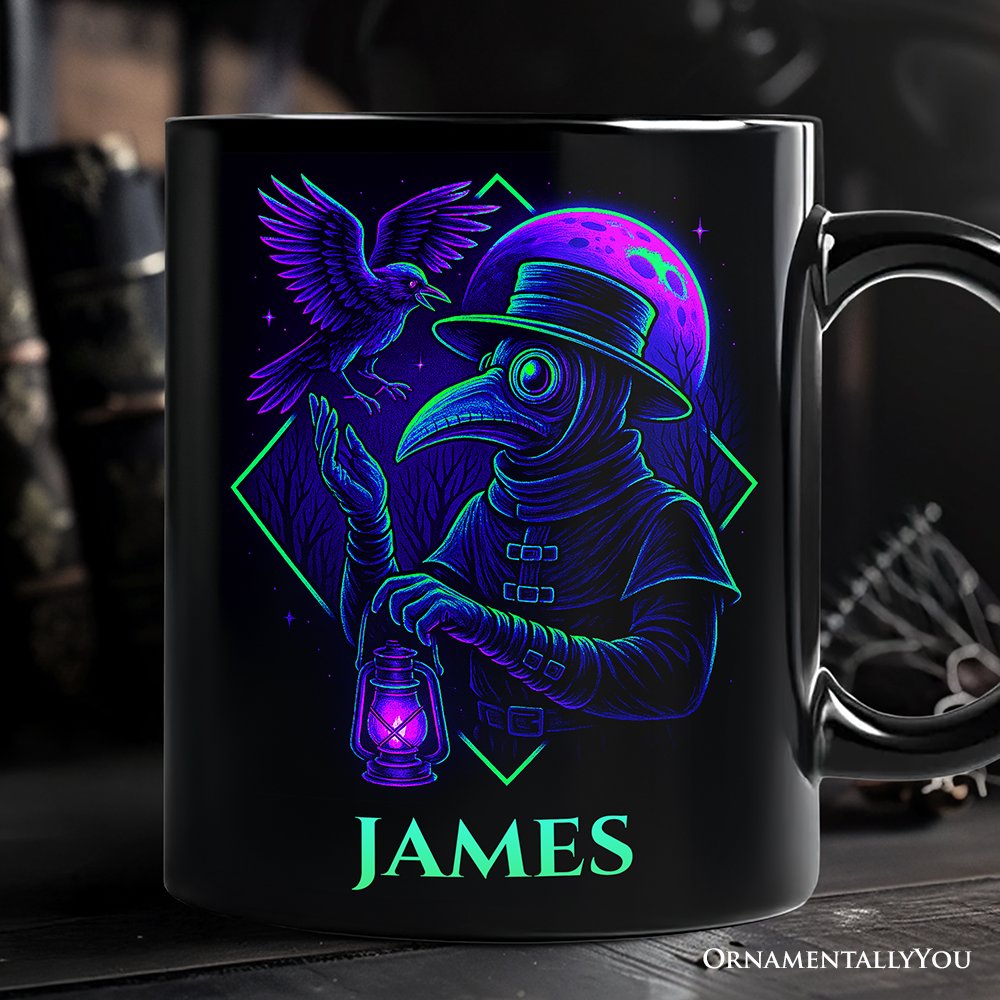 Vaporwave Plague Doctor Personalized Mug, Retro Neon Horror Vibes Halloween Gift with Custom Name Personalized Ceramic Mug OrnamentallyYou Black Customized 