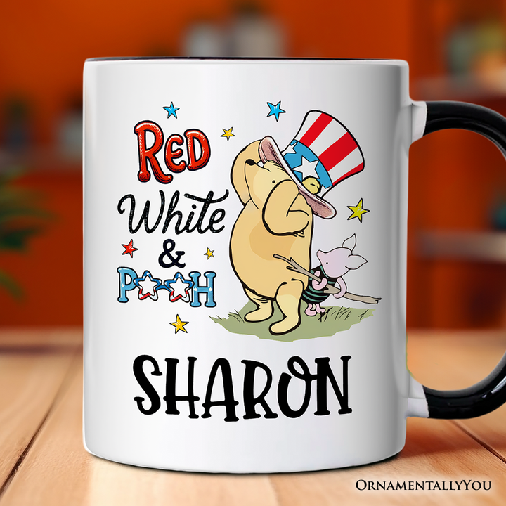 Patriotic Red White & Proud Personalized Mug, 4th of July Celebration Pooh Bear Gift with Custom Name