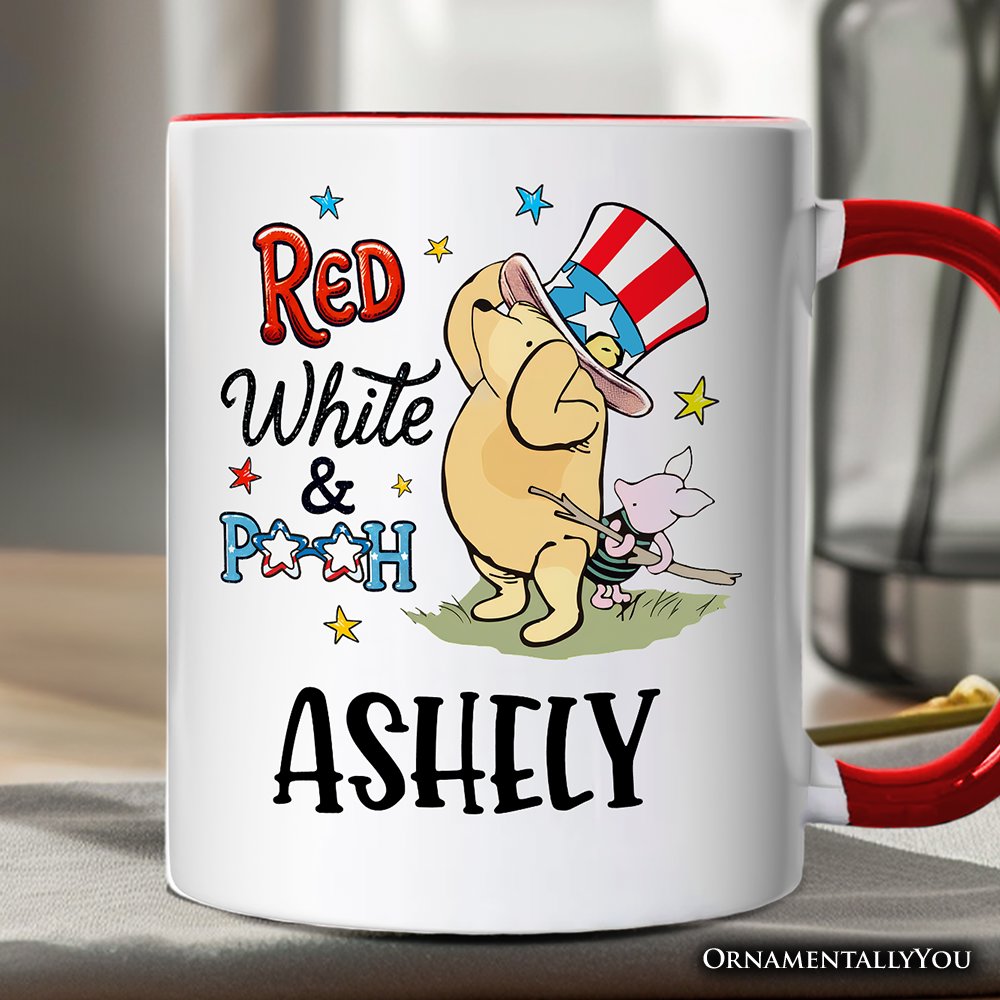 Red White & Proud Personalized Mug, Patriotic 4th of July Celebration Pooh Bear Gift with Custom Name Personalized Ceramic Mug OrnamentallyYou White - Red Customized 