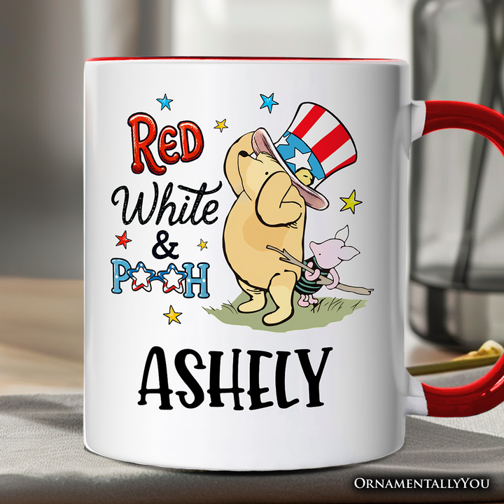 Red White & Proud Personalized Mug, Patriotic 4th of July Celebration Pooh Bear Gift with Custom Name