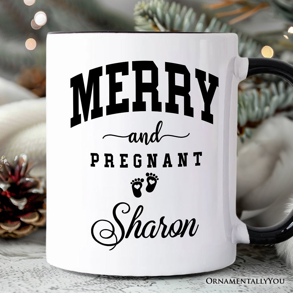 Merry and Pregnant Personalized Mug, Baby Announcement Christmas Custom Gift for New Mom Personalized Ceramic Mug OrnamentallyYou White - Black Customized 