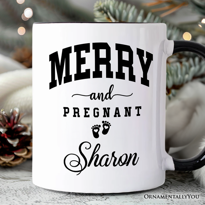 Merry and Pregnant Personalized Mug, Baby Announcement Christmas Custom Gift for New Mom