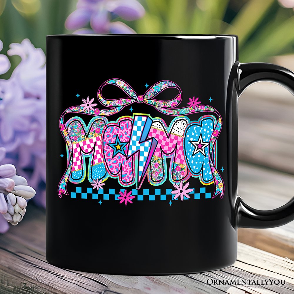 Preppy Mama Checkered Retro Mug, Lightning Bolt Mom Gift Personalized Ceramic Mug OrnamentallyYou Black Non-Custom 