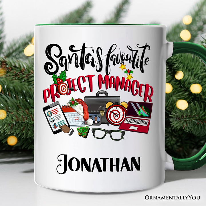 Santa’s Favorite Project Manager Personalized Mug, Business Team Coordinator Gift with Custom Name Personalized Ceramic Mug OrnamentallyYou White - Green Customized 