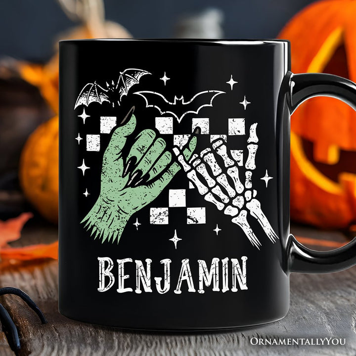Monster Skeleton Pinky Promise Personalized Mug, Funny Spooky Halloween Mug Personalized Ceramic Mug OrnamentallyYou Black Customized 