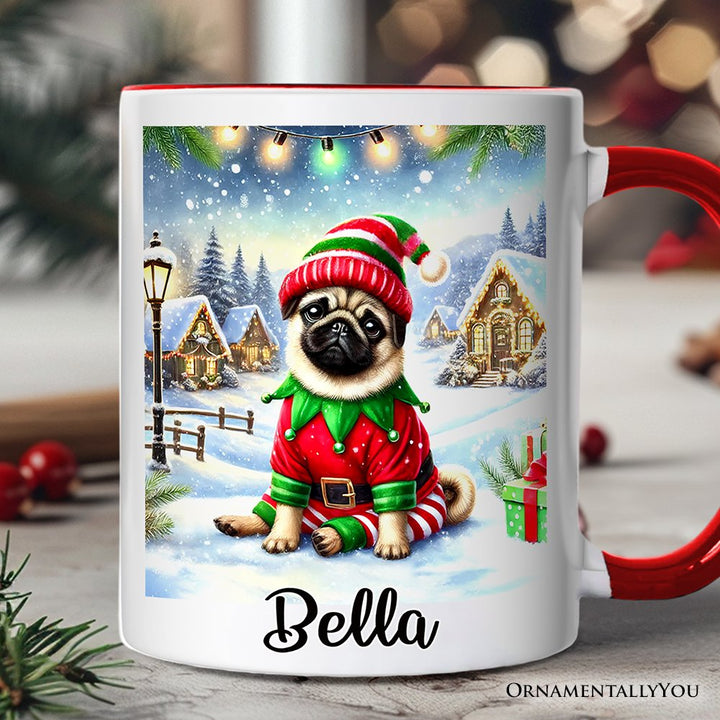 Santa's Little Helper Pug Elf Personalized Mug, Whimsical Canine Christmas Gift with Custom Name Personalized Ceramic Mug OrnamentallyYou White - Red Customized 