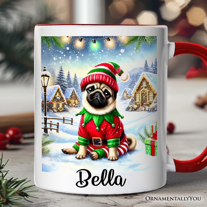 Santa's Little Helper Pug Elf Personalized Mug, Whimsical Canine Christmas Gift with Custom Name