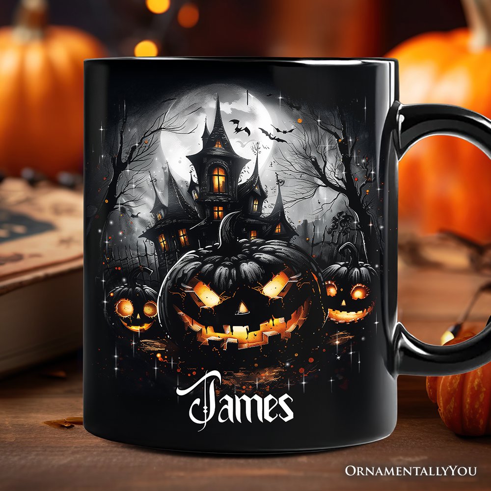 Pumpkin Halloween Personalized Mug, Spooky Horror Gift with Custom Name Personalized Ceramic Mug OrnamentallyYou Black Customized 