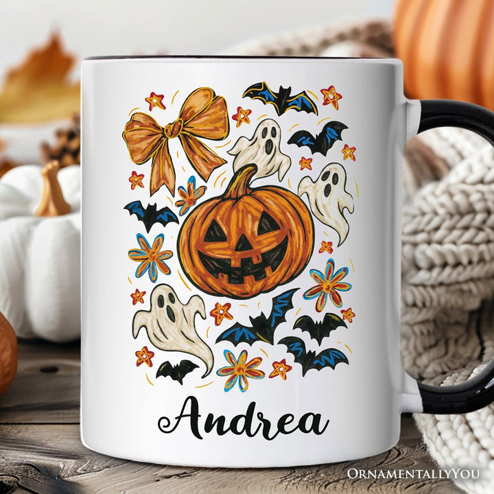 Pumpkin Ghosts Coquette Bow Personalized Mug, Retro Fall Spooky Gift with Custom Name Personalized Ceramic Mug OrnamentallyYou White - Black Customized 
