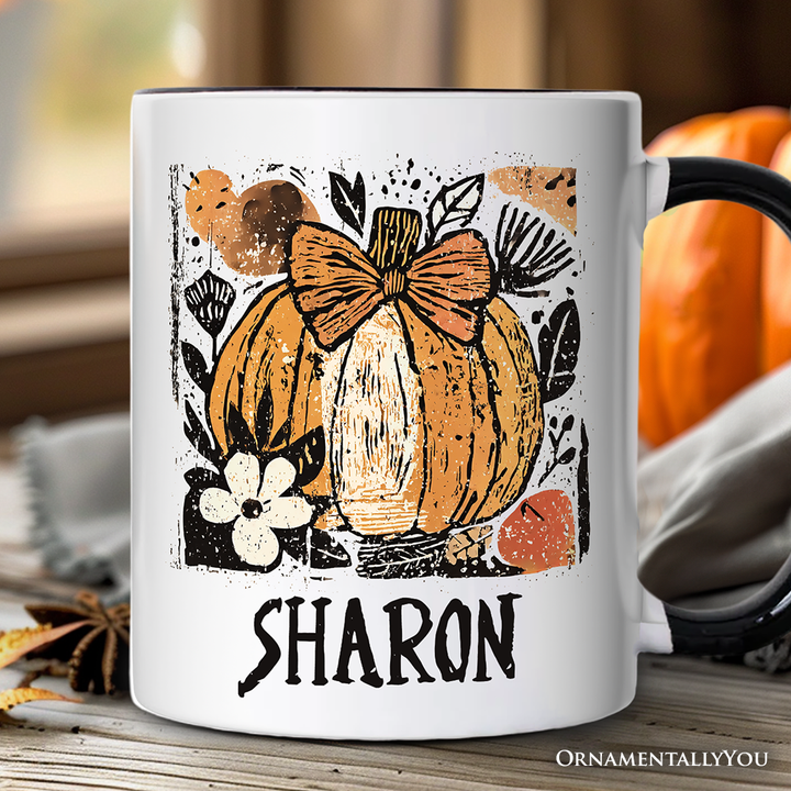 Pumpkin Fall Floral Personalized Mug, Thanksgiving Coquette Bow Gift with Custom Name