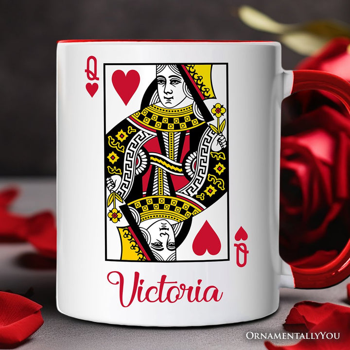 Queen of Hearts Card Personalized Mug, Classic Retro Love Valentine Gift with Custom Name Personalized Ceramic Mug OrnamentallyYou White - Black Customized 
