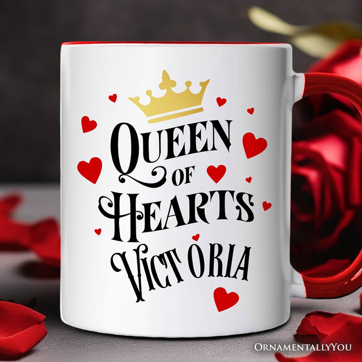 Queen of Hearts Crown Personalized Mug, Royal Retro Valentine Gift with Custom Name Personalized Ceramic Mug OrnamentallyYou White - Black Customized 