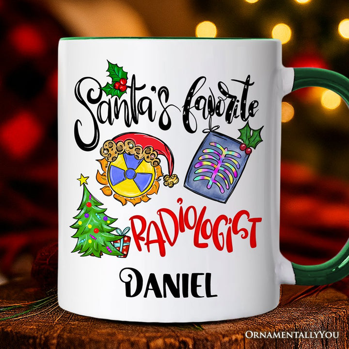 Santa's Favorite Radiologist Personalized Mug, X-Ray Radiology Gift with Custom Name Personalized Ceramic Mug OrnamentallyYou Green Handle Customized 