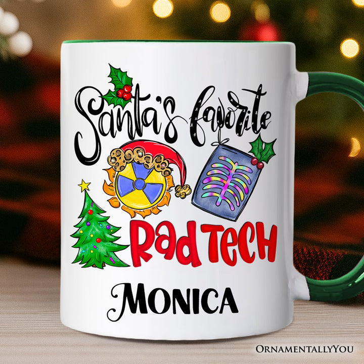 Santa's Favorite Rad Tech Personalized Mug, Radiology Crew Gift with Custom Name Personalized Ceramic Mug OrnamentallyYou Green Handle Customized 