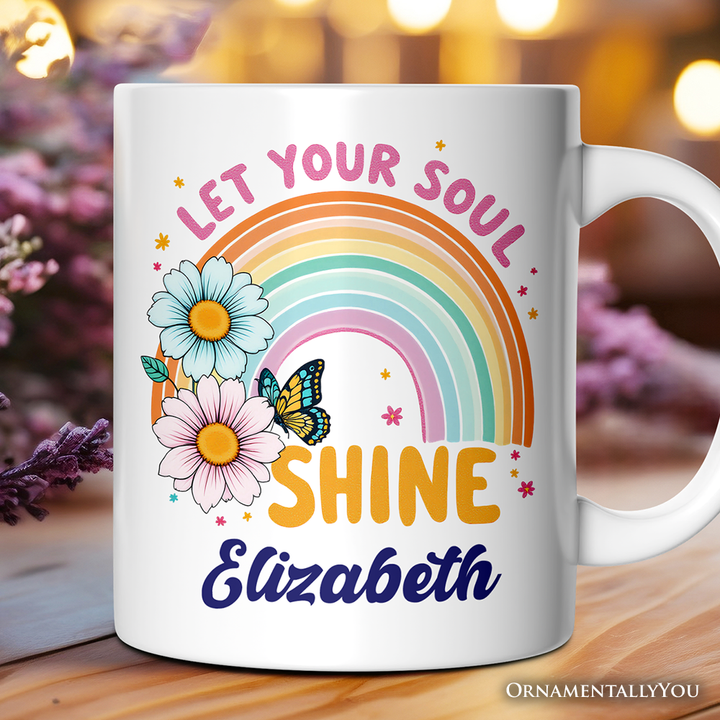 Let Your Soul Shine Rainbow Personalized Mug, Retro Pastel Floral Feel Good Gift with Custom Name