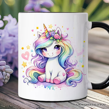 Rainbow Unicorn Mug, Cute Magical Creature Gift Personalized Ceramic Mug OrnamentallyYou Black Handle Non-Custom 