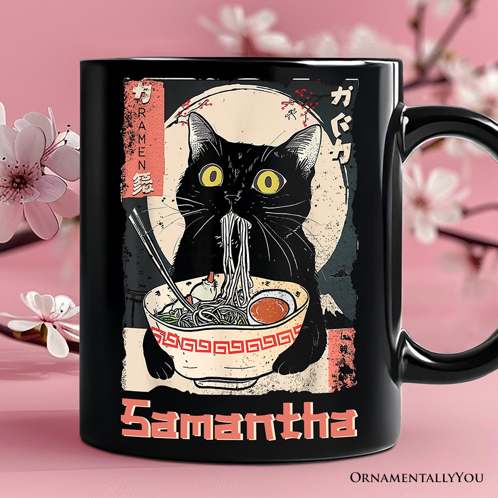Kawaii Anime Cat Eating Ramen Personalized Mug, Noodle Japanese Art Style Gift with Custom Name Personalized Ceramic Mug OrnamentallyYou Black Customized 