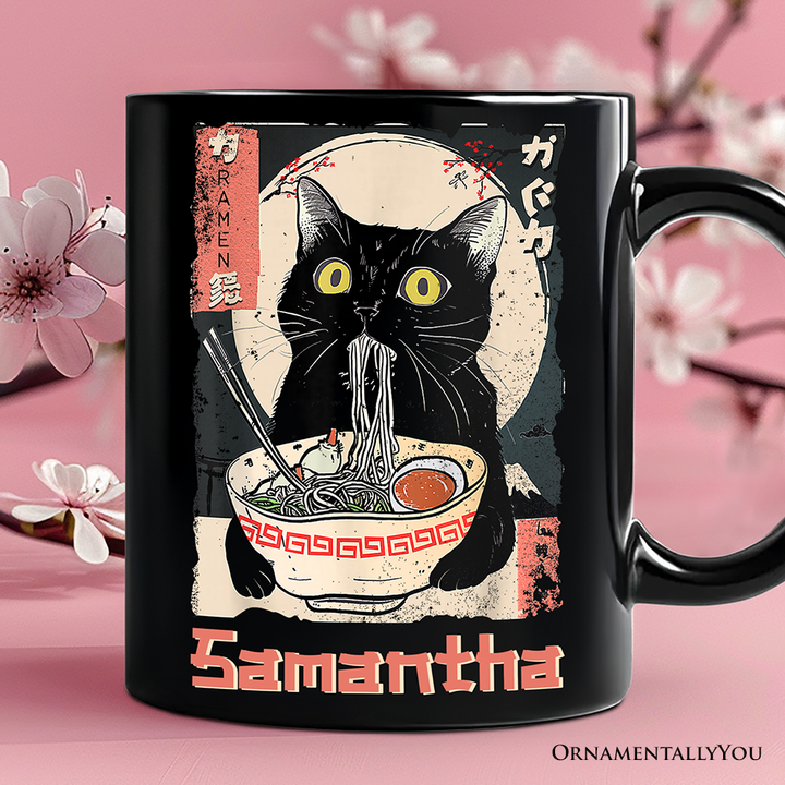 Kawaii Anime Cat Eating Ramen Personalized Mug, Noodle Japanese Art Style Gift with Custom Name