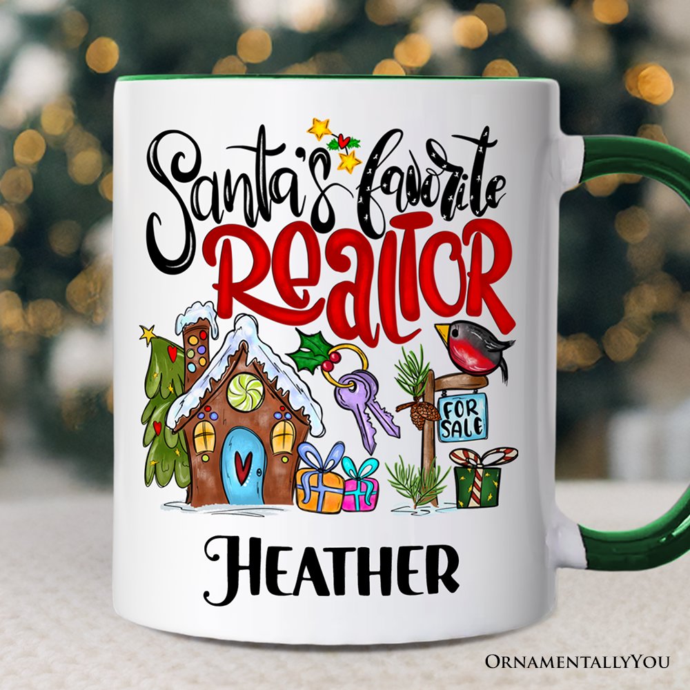 Santa's Favorite Realtor Personalized Mug, Real Estate Agent Gift with Custom Name Personalized Ceramic Mug OrnamentallyYou Green Handle Customized 
