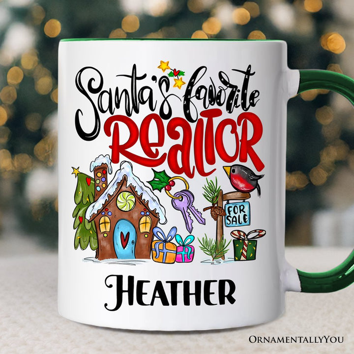 Santa's Favorite Realtor Personalized Mug, Real Estate Agent Gift with Custom Name Personalized Ceramic Mug OrnamentallyYou Green Handle Customized 