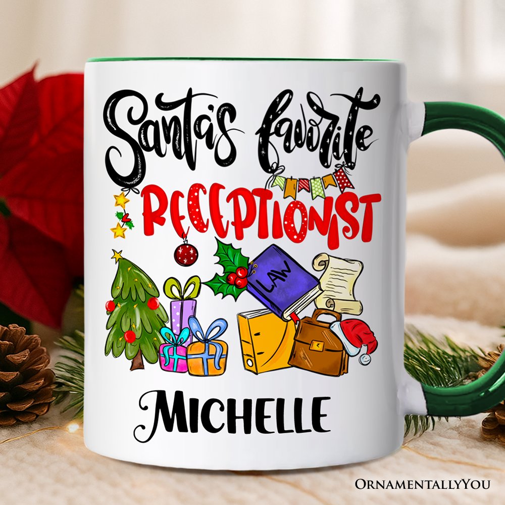Santa's Favorite Office Receptionist Personalized Mug, Administrator Appreciation Christmas Gift with Custom Name Personalized Ceramic Mug OrnamentallyYou Green Handle Customized 