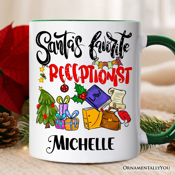 Santa's Favorite Office Receptionist Personalized Mug, Administrator Appreciation Christmas Gift with Custom Name Personalized Ceramic Mug OrnamentallyYou Green Handle Customized 